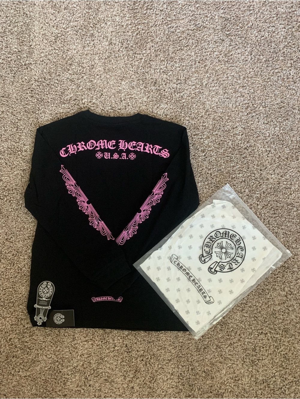 Chrome Hearts Black Long-Sleeve Tee with Pink Sleeve Motifs - Picture 2 of 2